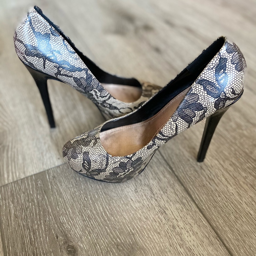ALDO Beige Black Faux Lace Print Pumps - Picture 5 of 9